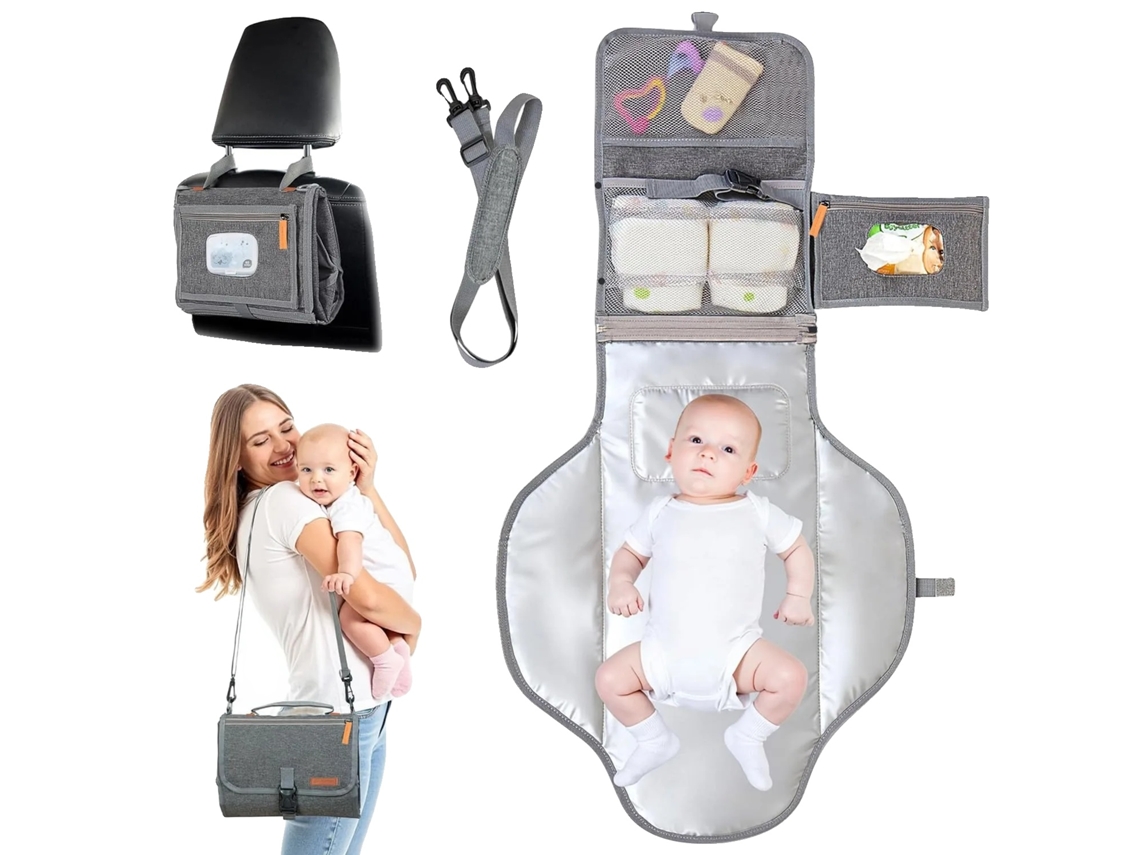 Cambiador de pañales, diseño impermeable, fácil acceso a las toallitas, color gris.