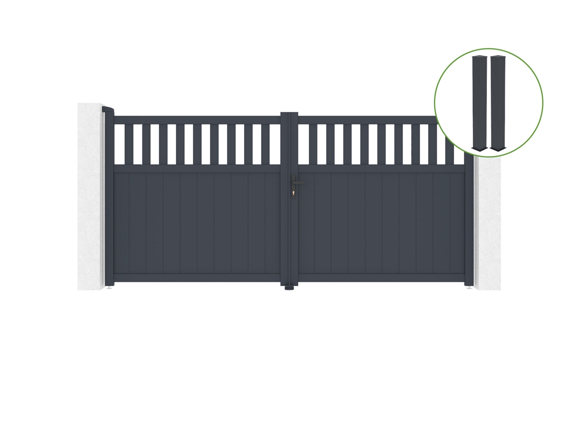 Puerta abatible 3,4m SANTIS H.160cm aluminio gris 2 postes 20x20cm H.190cm CASANOOV