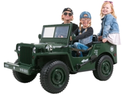 Jeep Willys, coche eléctrico infantil, 3 asientos y 3 cinturones de seguridad, pala, rueda de repuesto, suspensión, tracción a las cuatro ruedas (4x4), luces LED.