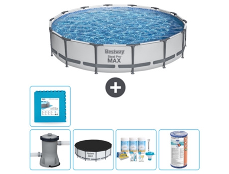 Piscina BESTWAY Round Steel Pro MAX - 427 x 84 cm - Gris - Bomba incluida Cubrir - Paquete de mantenimiento - Filtrar - Baldosas