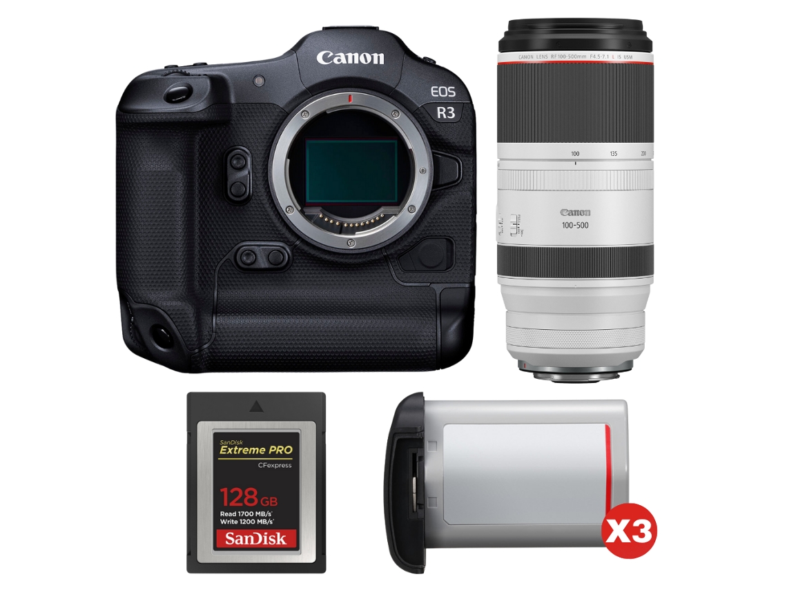 Canon Eos R3 + Rf 100-500mm F/4.5-7.1 L Is Usm + 1 Sandisk 128gb Extreme Pro Cfexpress Type B + 3 Canon Lp-e19 + Ebook Pricedirect