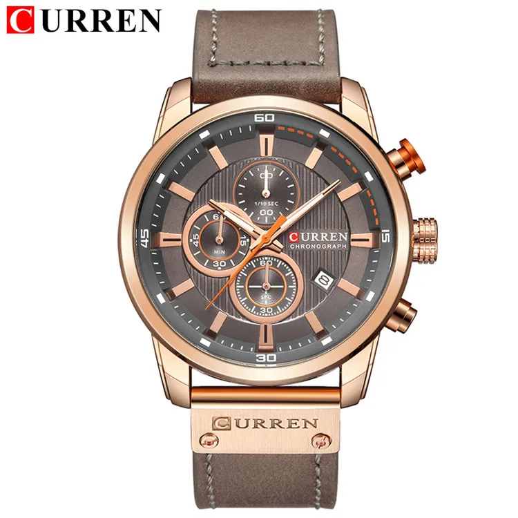 Reloj deportivo de cuero genuino para hombre (gris rosa), reloj de pulsera militar para hombre, cronógrafo
