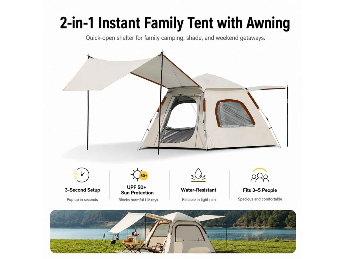 Tienda Pop-up 3-5 Personas Upf50+ Impermeable Con Tejido Plateado Y Avance Para Camping