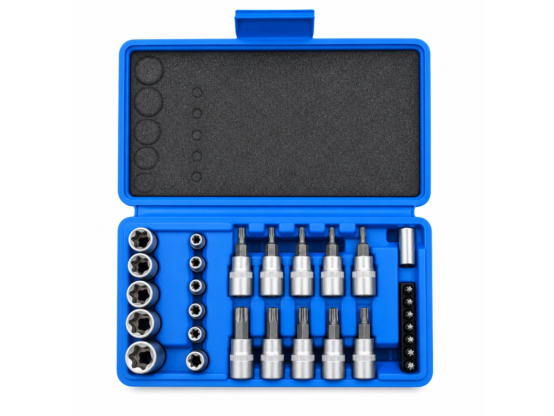Juego De Vasos Polski Torx De Acero 29 Piezas Con Puntas E Y Bits Largos Para Taller Mecánico Y Reparación De Coches