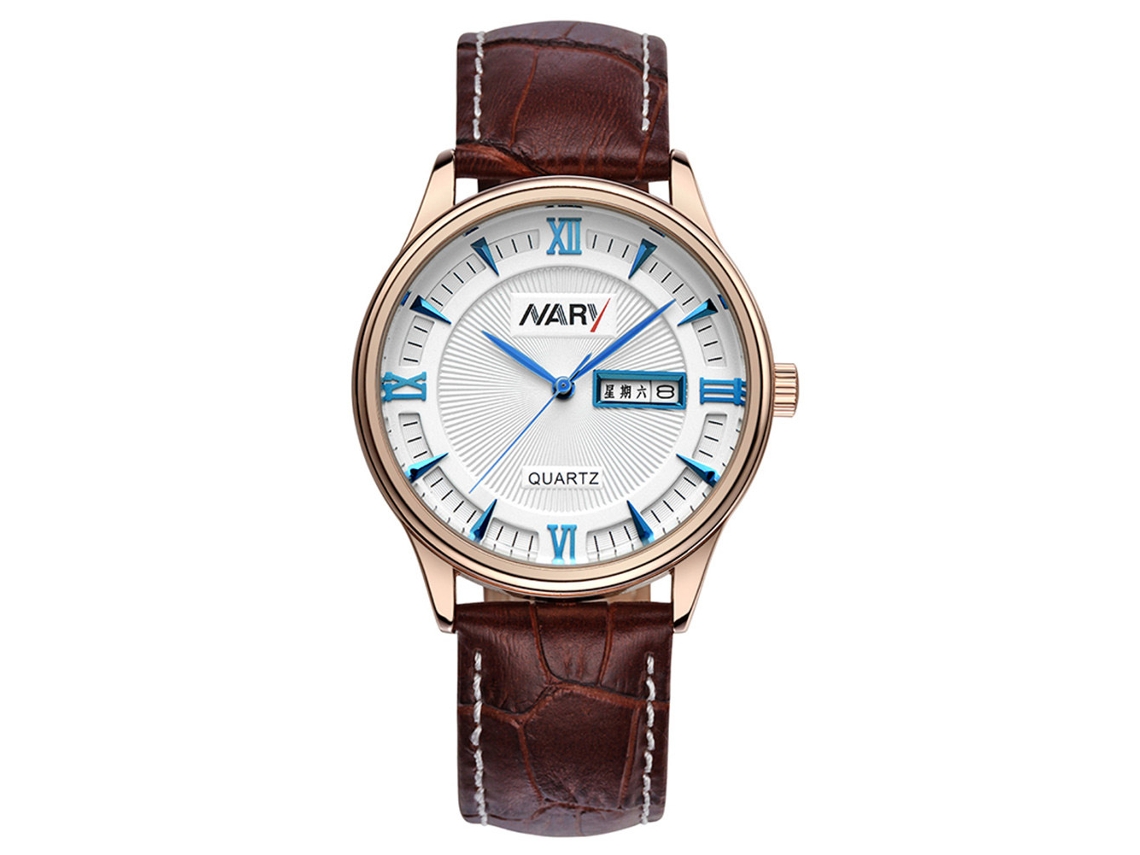 Reloj De Pulsera Para Hombre Con Calendario Dial Redondo Correa De Cuero Marrón