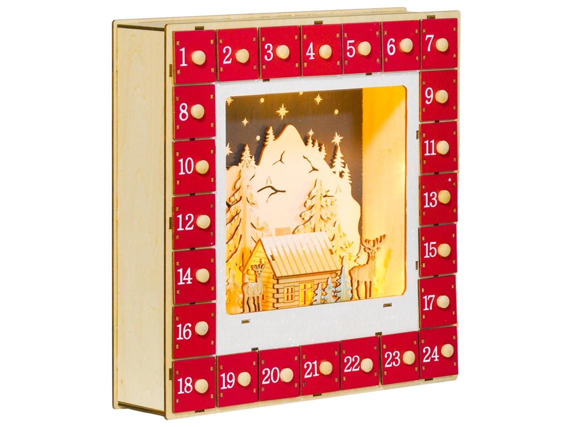 Calendario Adviento Led Pueblo 24 Cajones Mdf Decoración Roja
