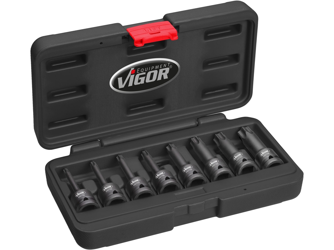 VIGOR V7017 Juego de Llave Vaso Destornillador de Impacto para Perfil Interior T Cuadrado Hueco 1/2 Pulgadas 12 5 Mm Perfil T T30 - T80 N