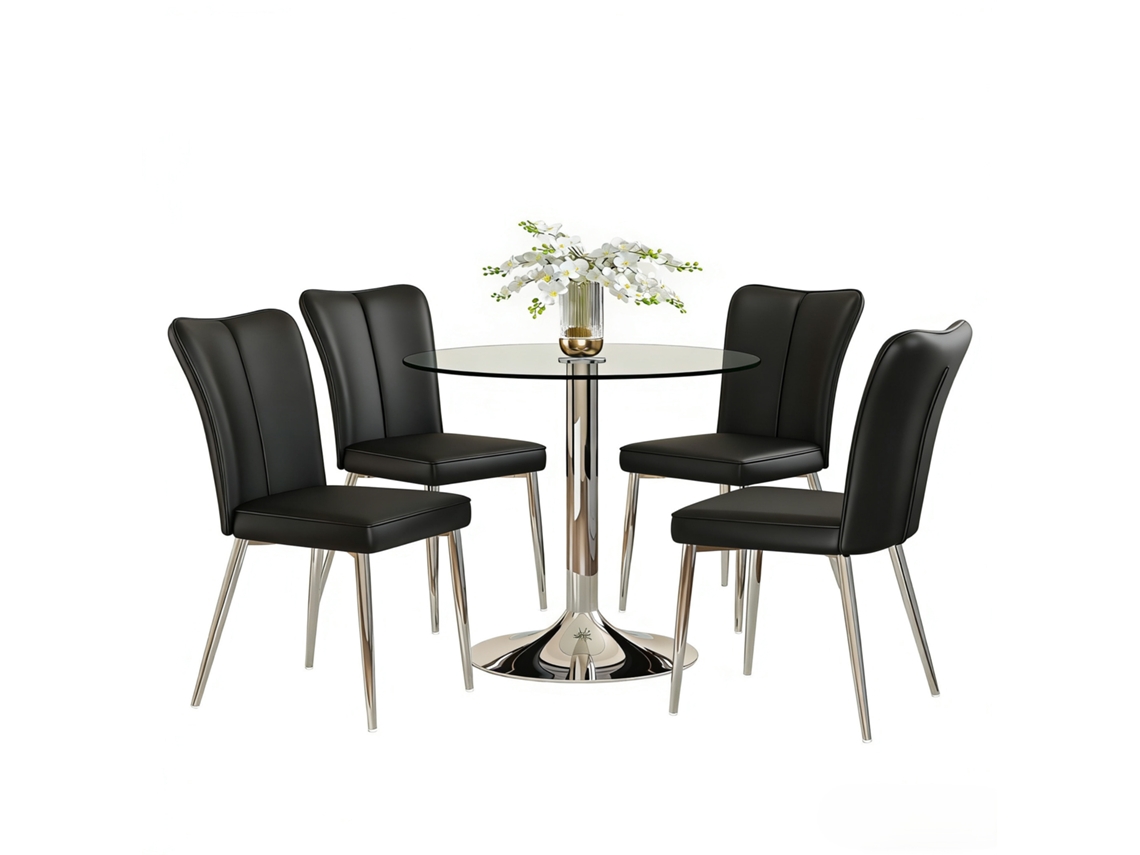 Conjunto Mesa Comedor 85 Cm - Mesa De Cristal Y 4 Sillas Pu - Negro Plata