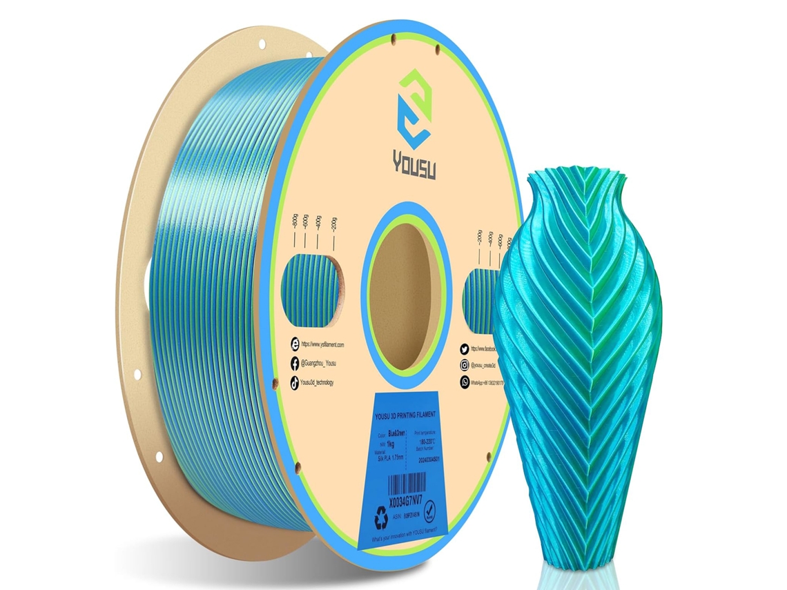 Hilo de seda PLA para impresora 3D, 1,75 mm, bicolor azul/verde, 1 kg, precisión +/- 0,03 mm