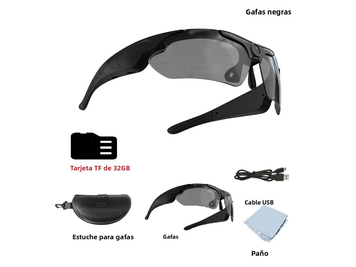 (negro + 32 Gb) Gafas Deportivas Inteligentes, Cámara Dv Full Hd 1080p, Lente Gran Angular De 120°