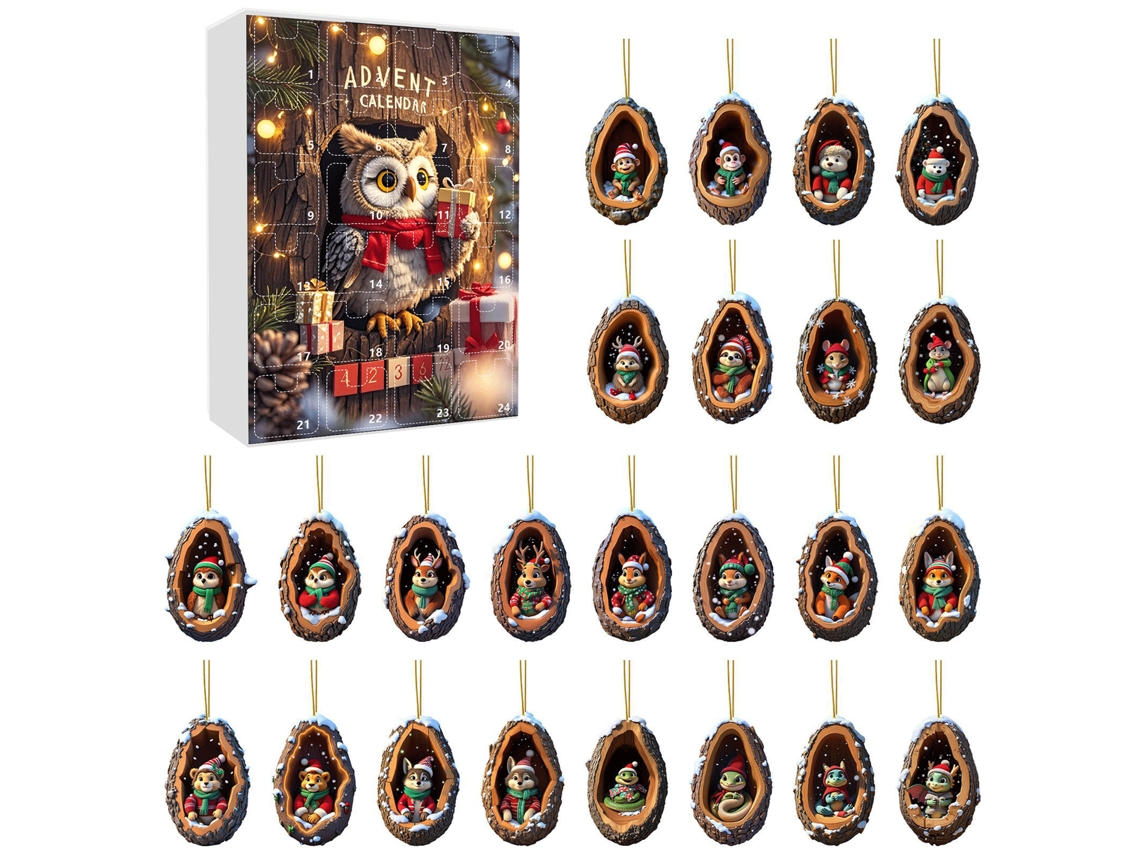 Caja sorpresa con calendario de cuenta regresiva para Navidad, adorno navideño de animales con forma de agujero en el árbol, acrílico para coches.
