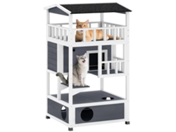Casa para gatos, caseta de madera de abeto con amplio espacio, 4 niveles y arenero desmontable, 75,5 x 75 x 137 cm