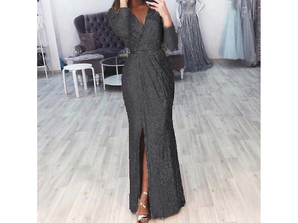 2026-13063-vestido Largo De Lentejuelas Cuello V Profundo Manga Larga Con Ranura Para Fiestas Y Ocasiones Especiales 2xl Negro