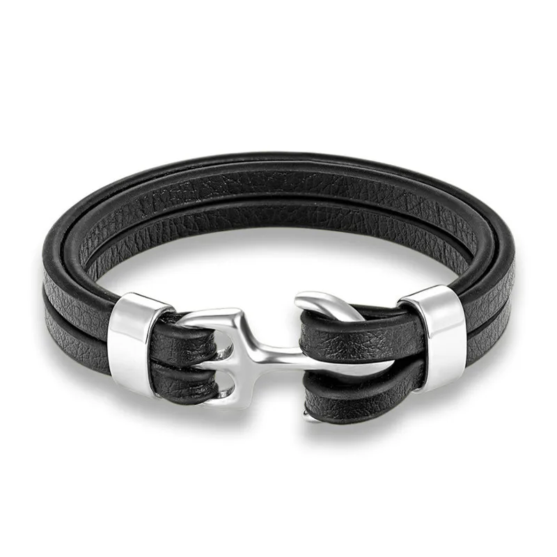 Pulsera de cuero genuino para hombre con colgante de ancla y cierre de acero inoxidable. MDUG