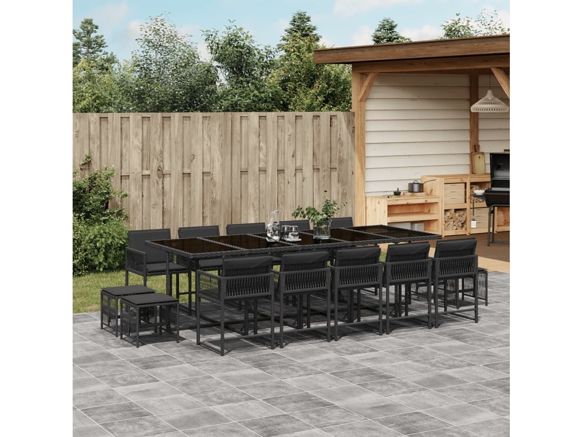 15 Pcs Conjunto De Jantar P/jardim Com Almofadões Vime Pe Preto Dkd Home Decor
