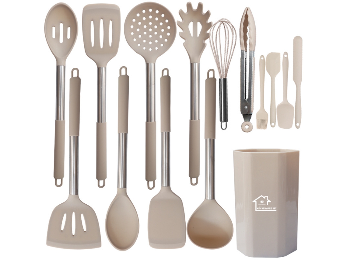 15 utensilios de cocina de acero inoxidable, de silicona resistente al calor de grado alimenticio, color caqui Gertiz