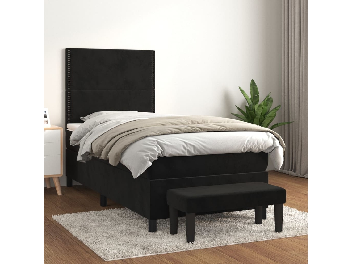 Cama Box Spring Con Colchón Terciopelo Negro 90x200 Cm