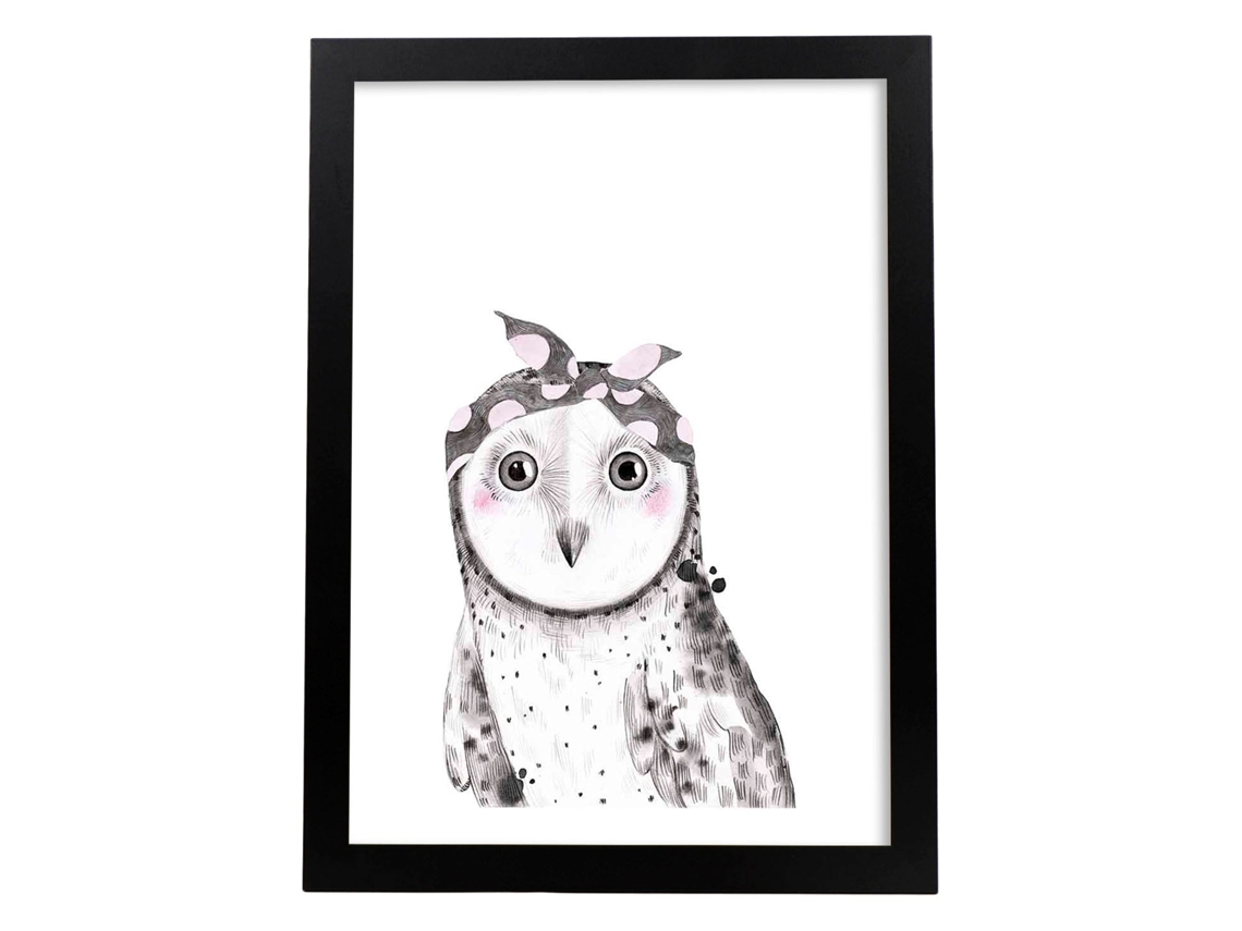 Póster NACNIC Infantil Buho Bebe con Pañuelo Gris y Rosa Animales Infantiles