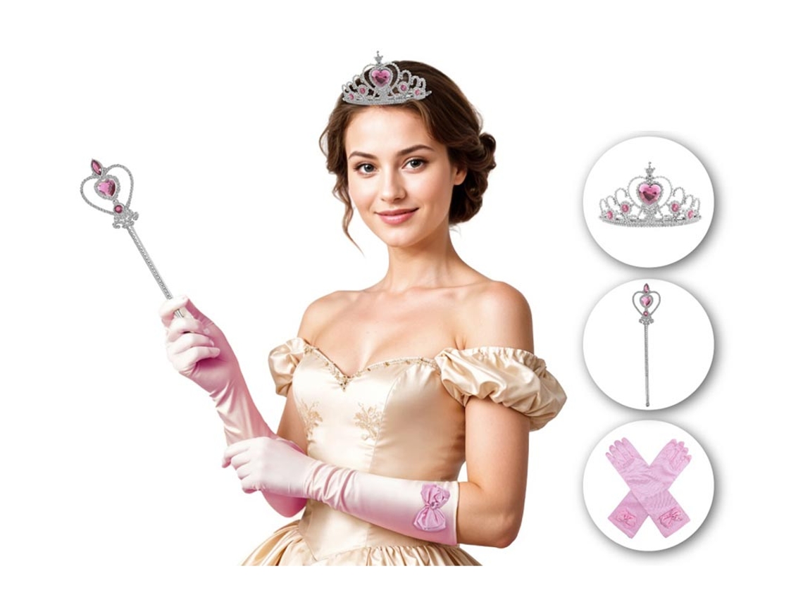 Kit de Princesa rosa adulto Guantes, Corona y cetro