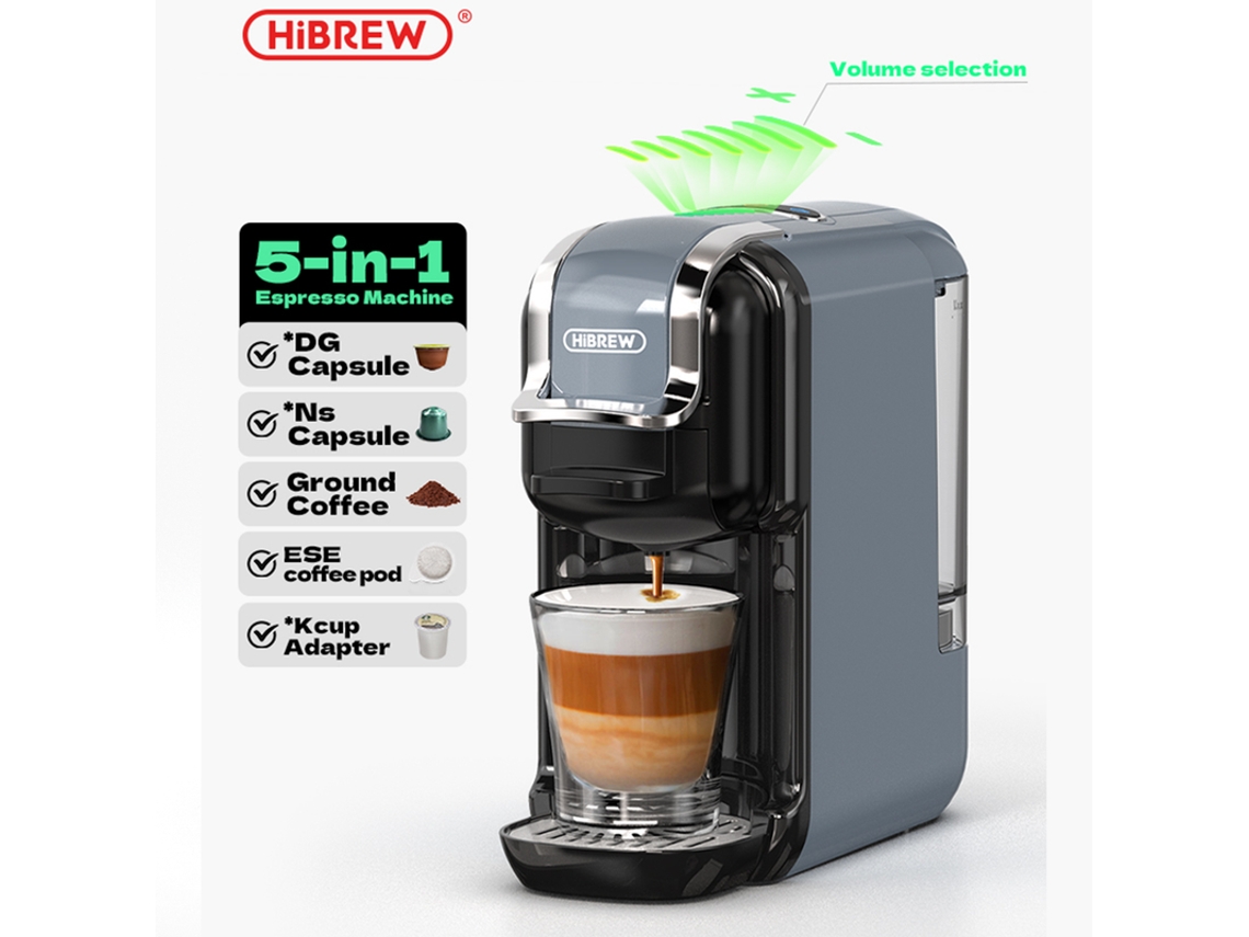 Cafetera multicápsulas Hibrew H2b 5 en 1 para café frío y caliente, bomba de presión de 19 bares, depósito de agua de 600 ml, gris