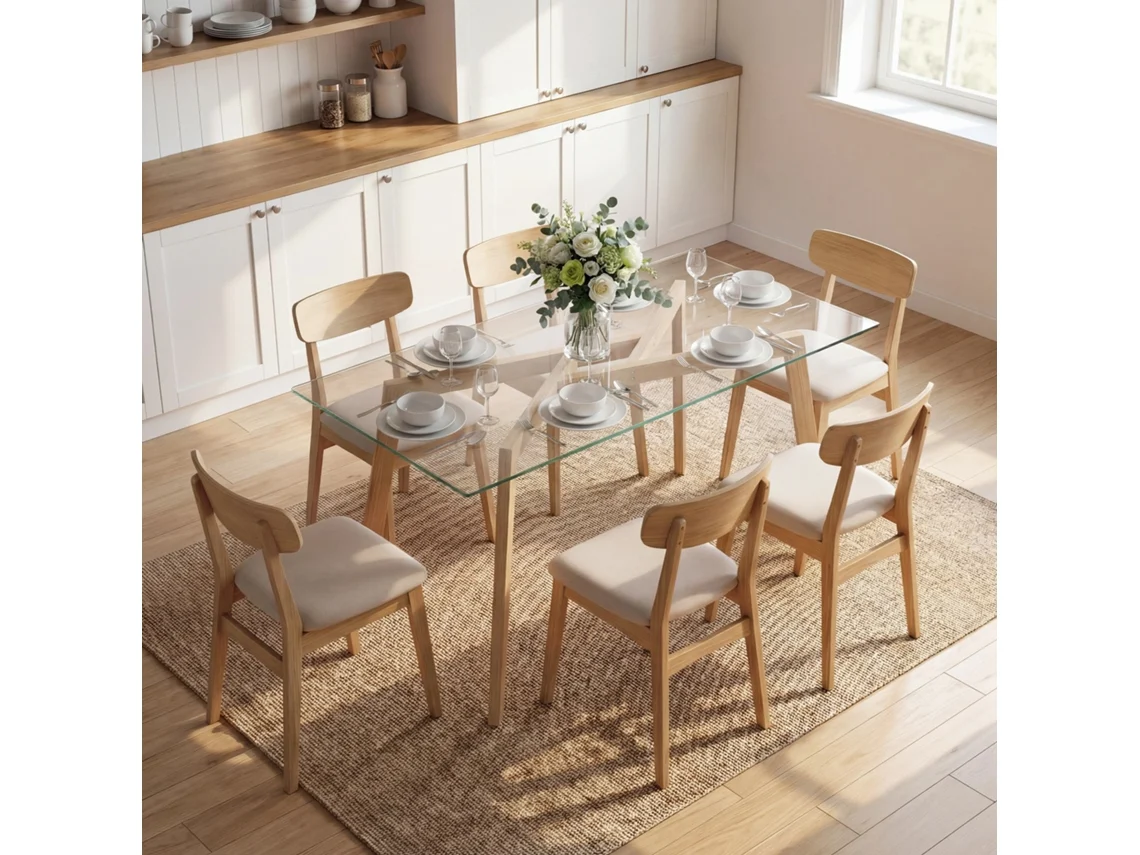 Mesa de comedor rectangular moderna para 6 personas, superficie de vidrio templado, 150x75x76 cm, transparente.