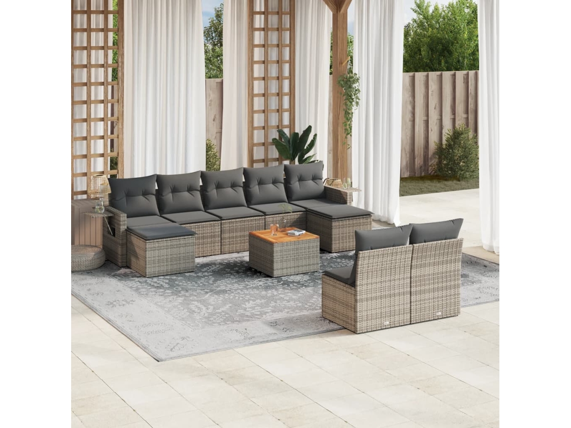 Conjunto de sofá de jardín de 10 piezas con cojines, ratán gris, DKD Home Decor