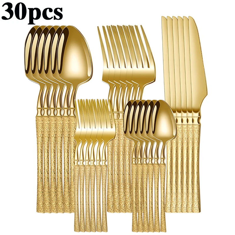 (juego De 30 Piezas De Oro) Cuchillos, Tenedores, Cucharas Y Cucharas De Postre De Acero Inoxidable Martillado Con Forma De Cintura.