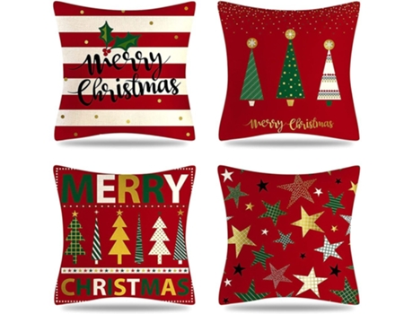 4 piezas Feliz Navidad Funda de almohada decorativa Árbol de Navidad Estrella roja Funda de almohada Cuadrada Decoración para el hogar Funda de coj...