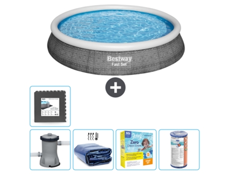 Piscina hinchable redonda Fast Set BESTWAY - Estampado ratán - 396 x 84 cm - Bomba incluida Vela solar - Paquete de mantenimiento - Filtrar - Baldo...