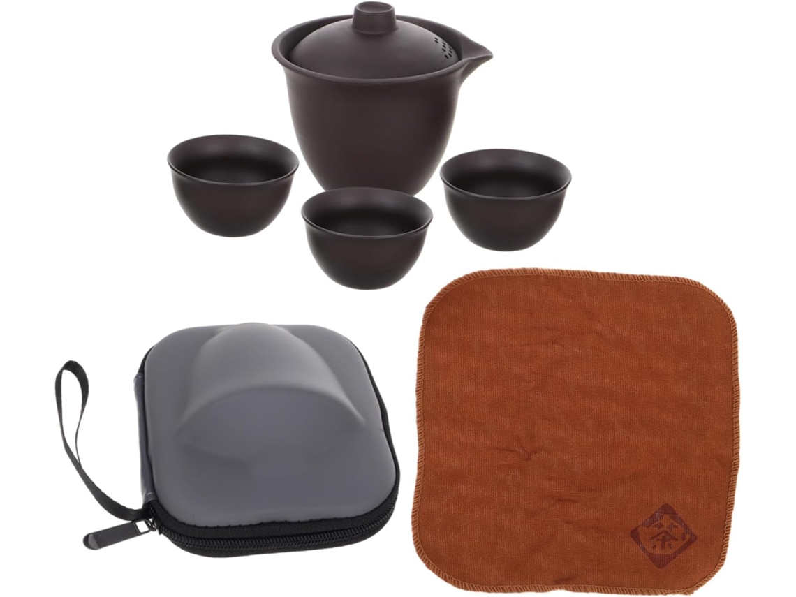 Juego De Viaje Con Tetera Portátil De Arcilla Púrpura Y Cerámica.