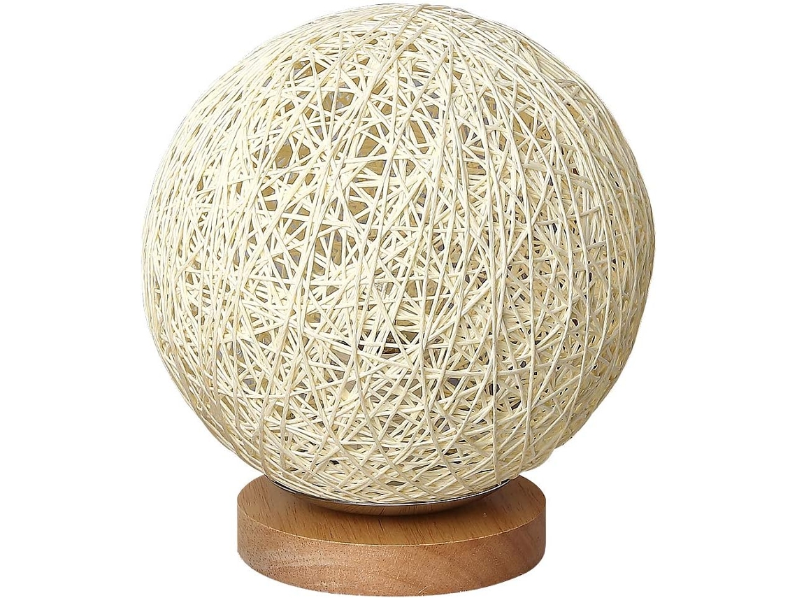Lámpara de bola de ratán minimalista con base de madera maciza, decoración creativa para dormitorio con luz cálida estable, carga USB,