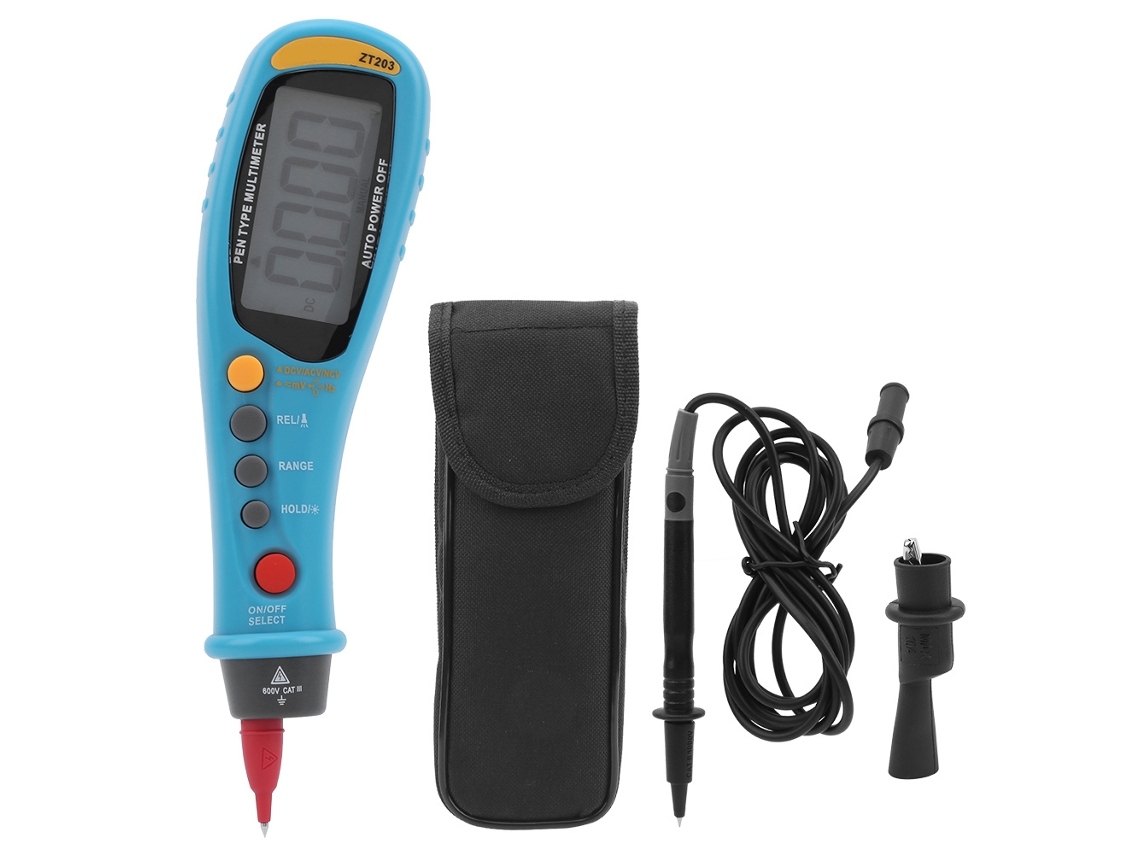 Multímetro digital portátil com visor LCD Caneta ZT-203, com seleção automática de faixa, medição de tensão RMS e NCV, para testes de tensão CA/CC.