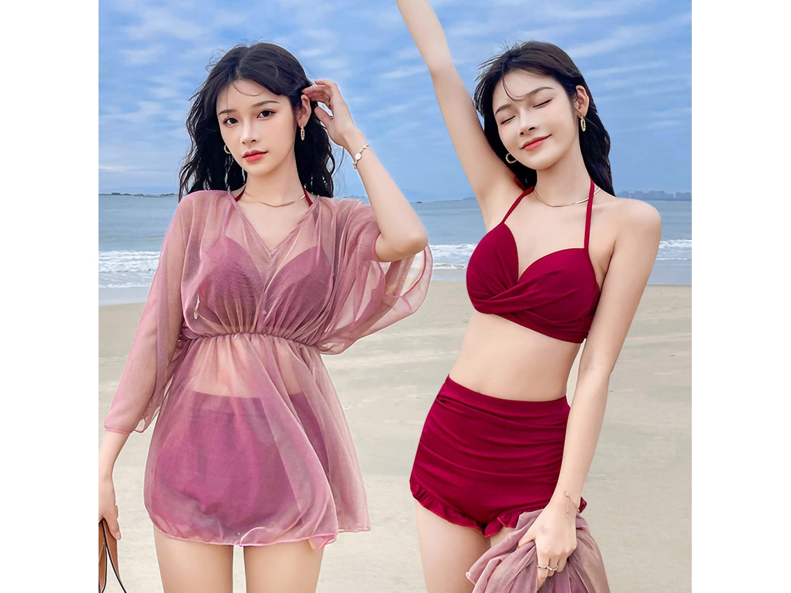 Bikini de tres piezas rojo para mujer con pareo, talla M.