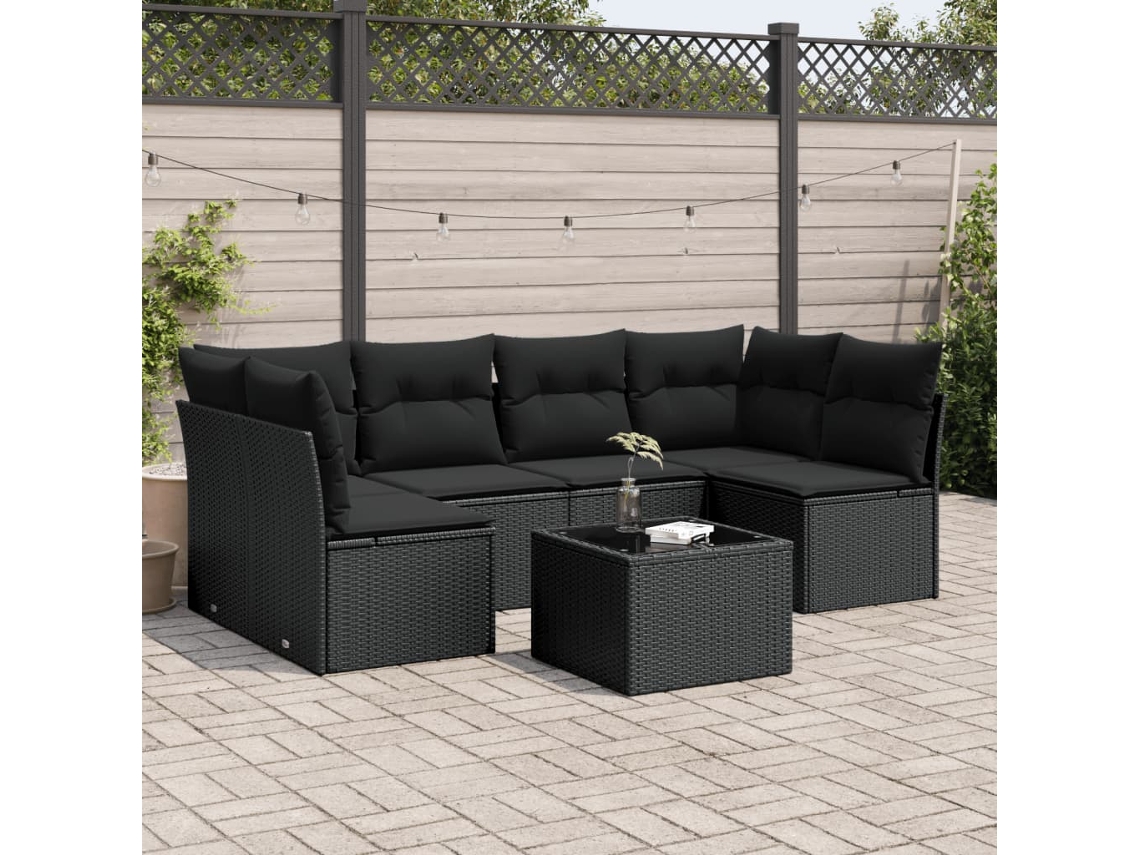 Conjunto de sofá de jardín de 7 piezas con cojines de mimbre negro de DKD Home Decor