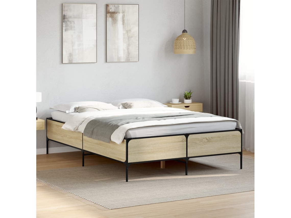 Estructura Cama Madera Ingeniería Metal Roble Sonoma 150x200 Cm