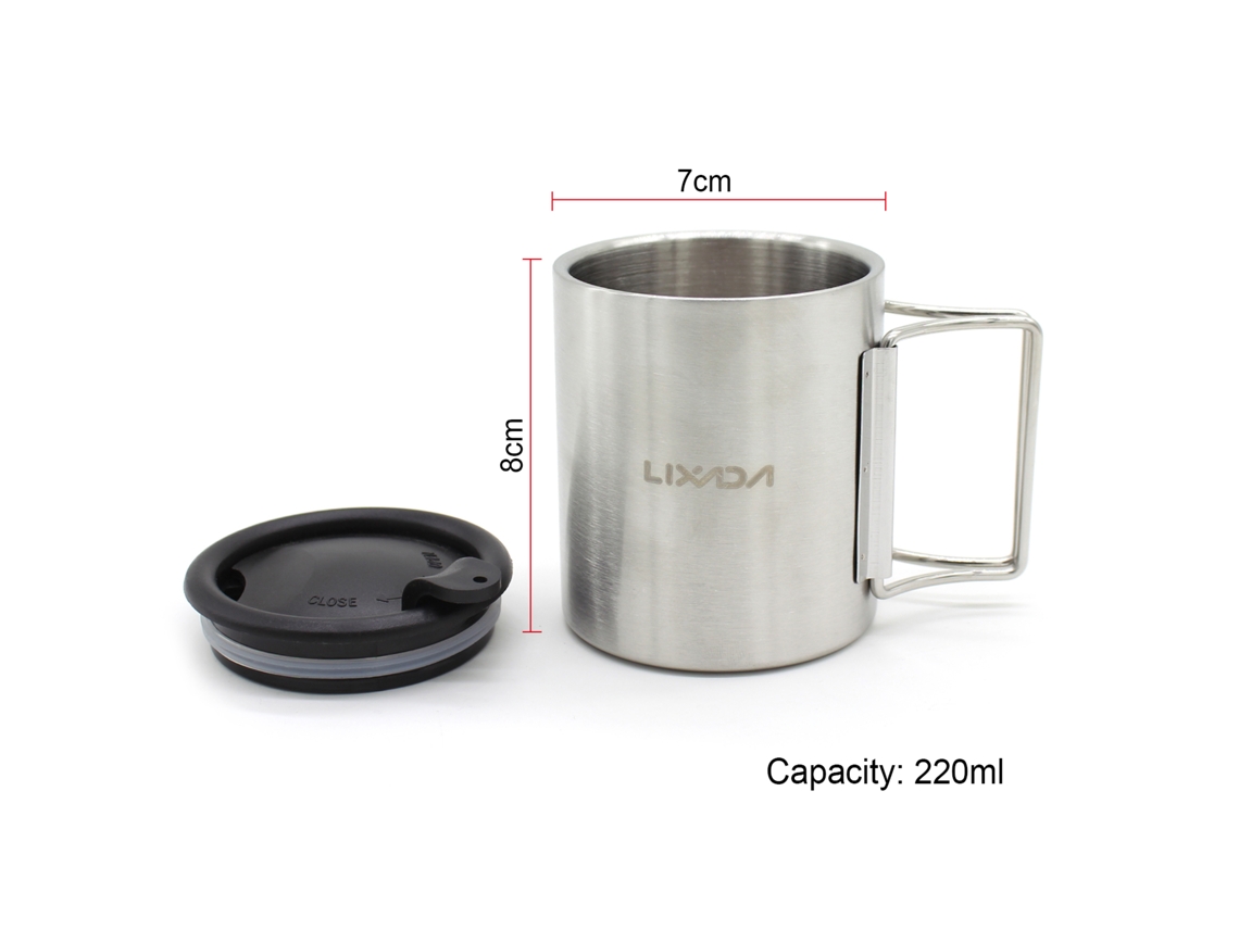 Vaso De Camping Lixada De 220 Ml De Acero Inoxidable Con Doble Pared, Aislamiento Al Vacío, Tapa Y Asa Plegable Para Uso En Exteriores Y Picnics.