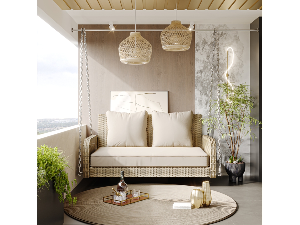 Mecedora estilo Hollywood en ratán beige, con cojín de asiento beige, para 2 personas, con cojín de asiento y cojín.