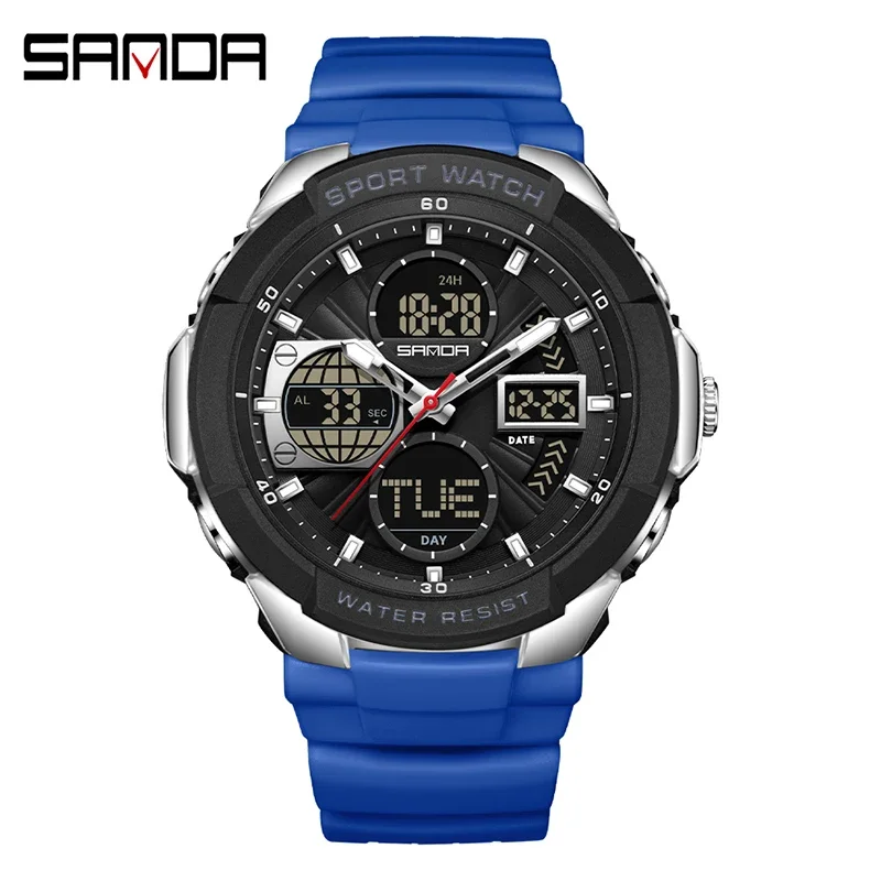 (plateado Y Azul) Reloj Digital Para Hombre Con Doble Pantalla – Reloj Deportivo Multifuncional Y Resistente Al Agua Para Estudiantes (alarma, Cronómetro)