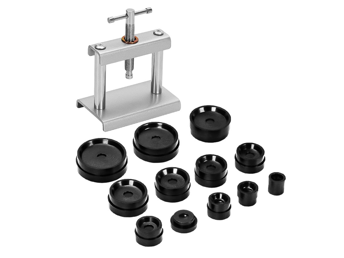 Kit de reparación de relojes con cerrador de tapa y abridor de pilas, moldes de 16-50 mm, 12 herramientas, prensa