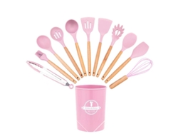 Juego de 12 utensilios de cocina de silicona antiadherentes sin BPA, color rosa