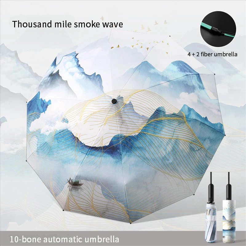 (Estilo D 10k) Sombrilla plegable retro totalmente automática (Sombrilla de doble función)