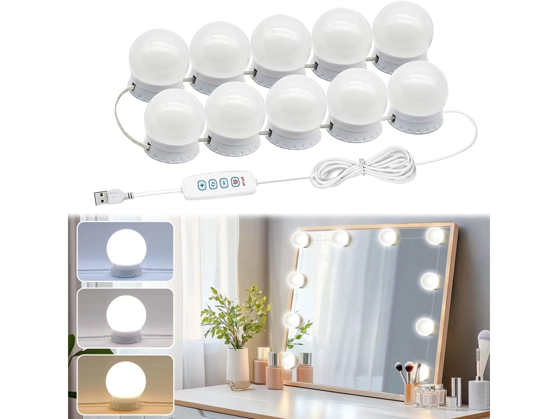 Luces Led Para Espejo De Tocador, Estilo Hollywood, Con 10 Bombillas, Color Y Brillo Ajustables, Cable Usb Eifson