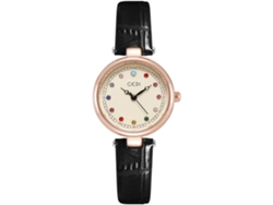 Reloj de pulsera pequeño con correa de cuero y vestido redondo para mujer - Negro Blanco