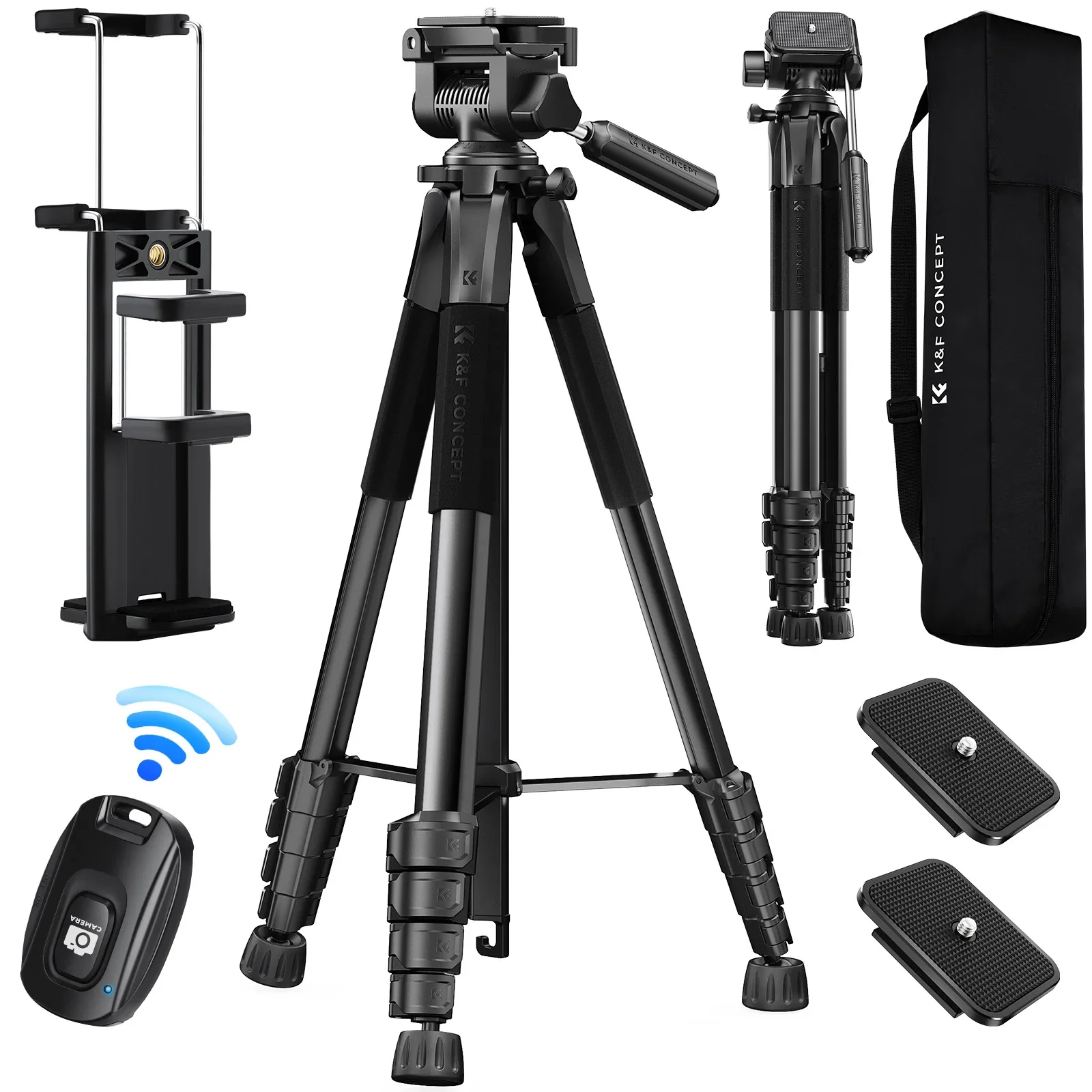 Trípode compacto y ligero de 190,5 cm, 2 en 1 con soporte para teléfono móvil y control remoto, cabezal panorámico de 3 vías