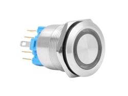 Botón pulsador de acero inoxidable con retroiluminación y reinicio automático.