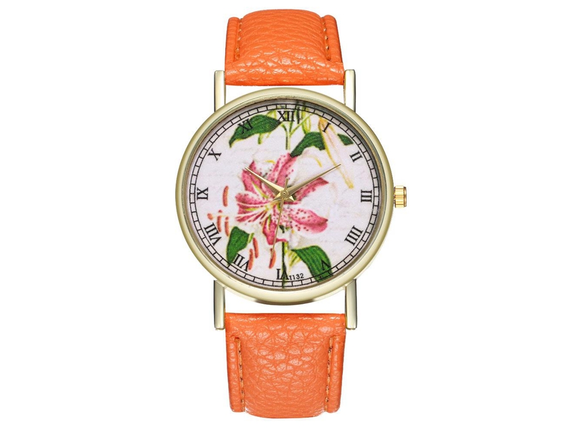 Reloj Analógico De Cuarzo Unisex Con Correa De Pu Y Elegante Esfera Floral (naranja)