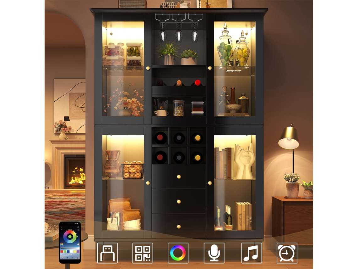 Vinoteca 180,5x120x40 Cm - Iluminación Led Controlada Por App, 3 Cajones, Soporte Para Copas Y Botellas - Negro