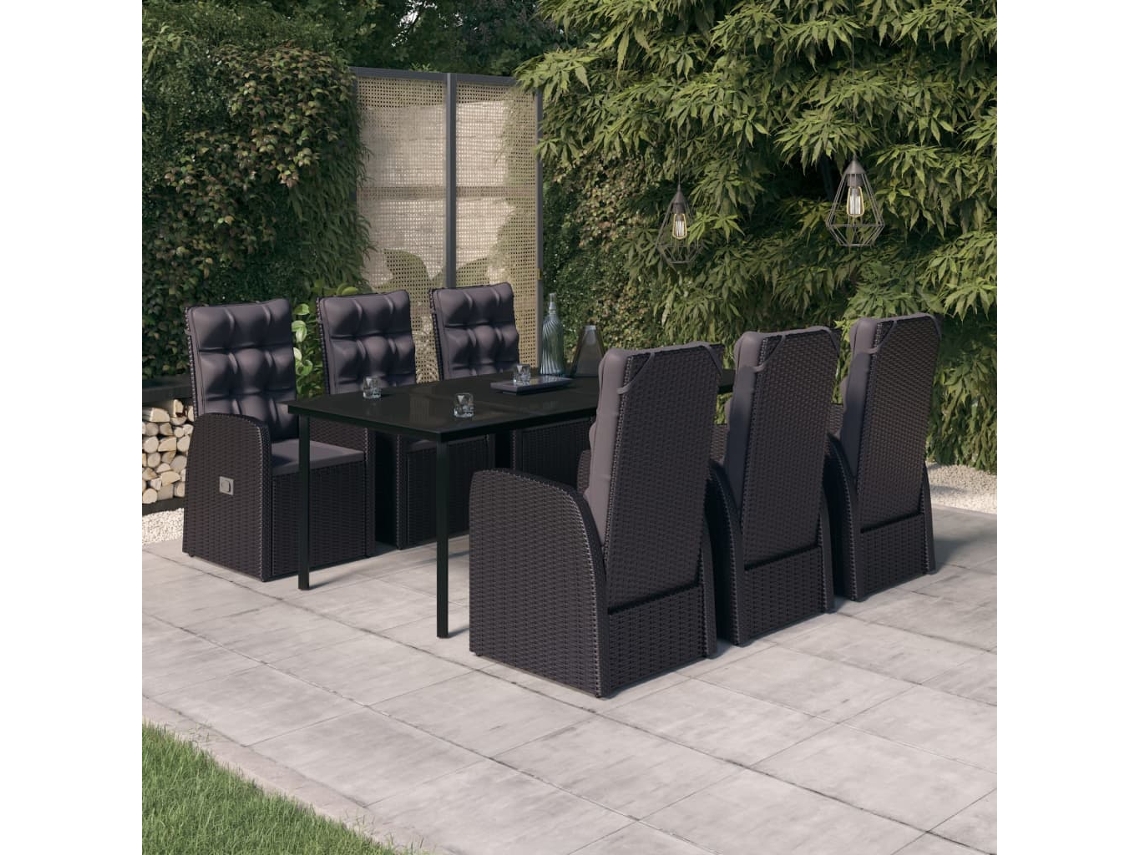 7 Pcs Conjunto De Jantar Para Jardim Com Almofadões Preto Dkd Home Decor