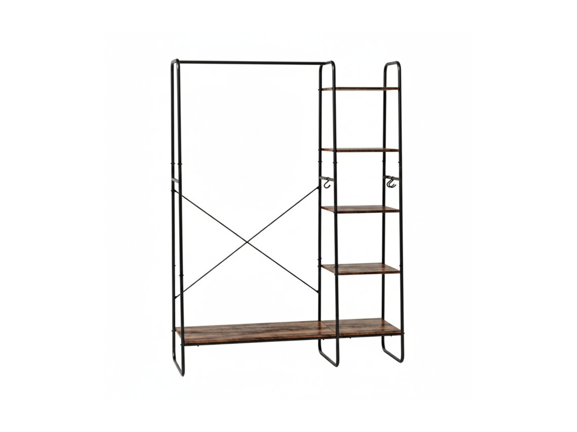 Relaxdays Cabideiro, 6 Prateleiras, Varão, 6 Ganchos, Industrial, 160x120x45 Cm, Cabideiro, Preto/castanho