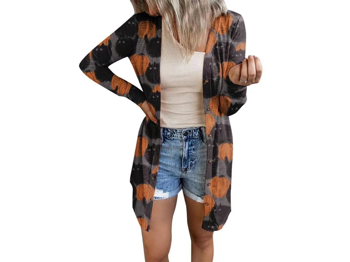 Jaqueta feminina Rebe, macia e leve, de manga comprida e aberta, ideal para o Halloween, outono e festas casuais, cinza, tamanho M.